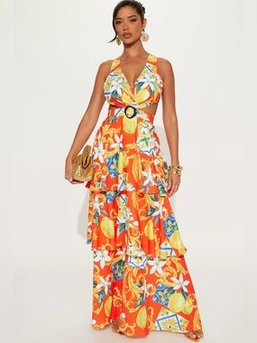 Fashion Nova Aperol Tropical Cutout Halter Maxi Dress - NWT